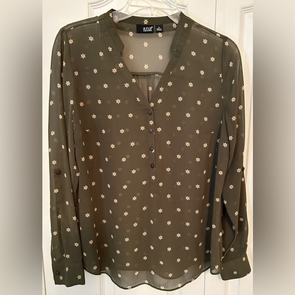 ANA: Sheer green pattern, button front blouse, size M